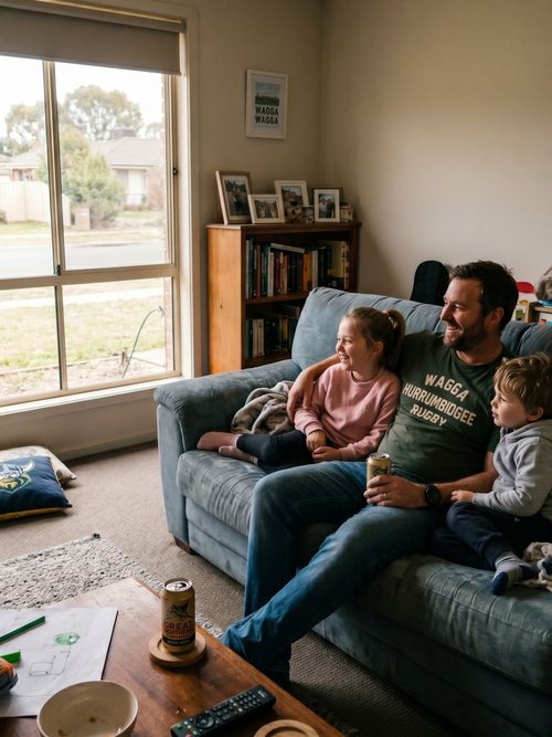 A father at the kitchen table reviewing paperwork while his two children sit beside him