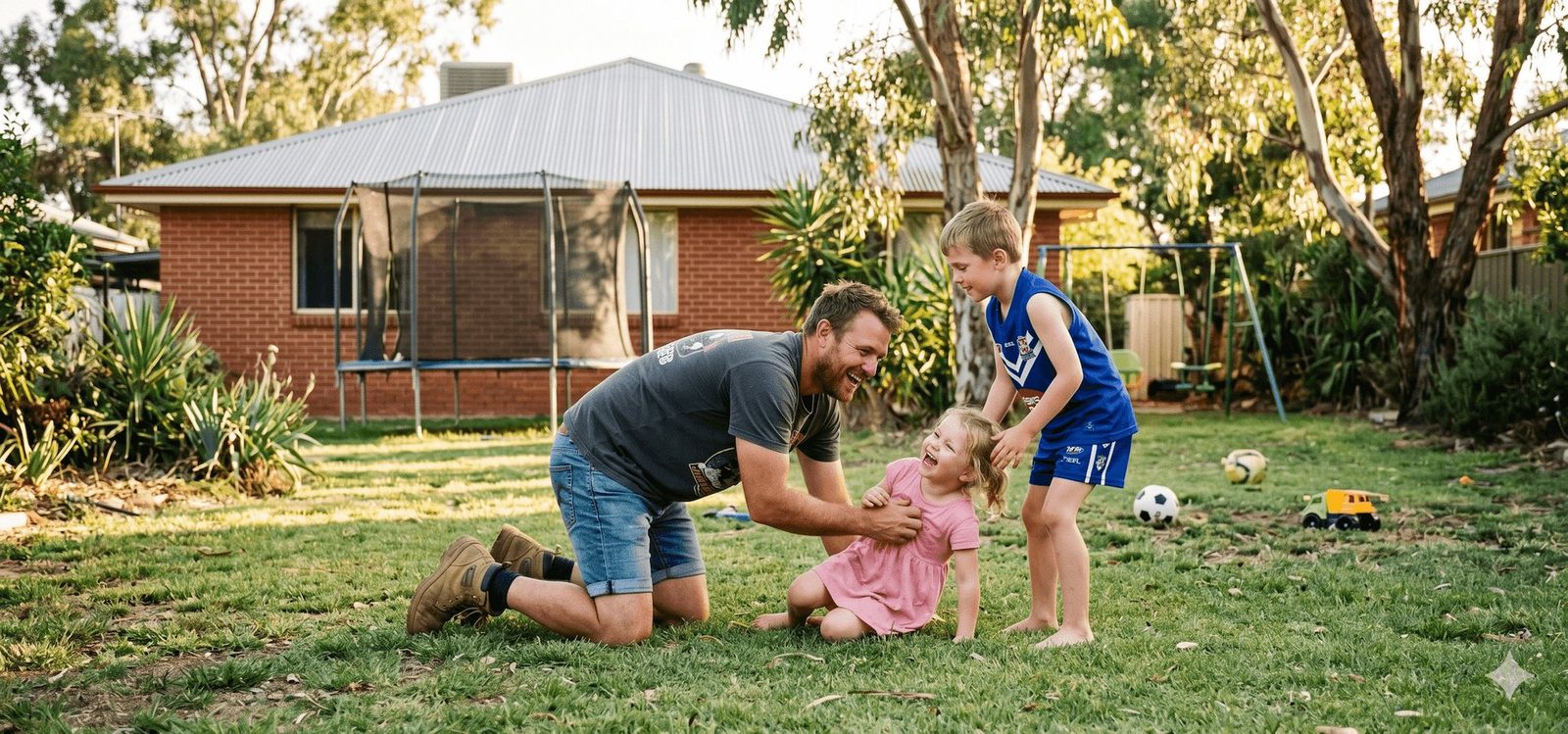 A father laughing and playing with his three young children on the back lawn of a suburban home
