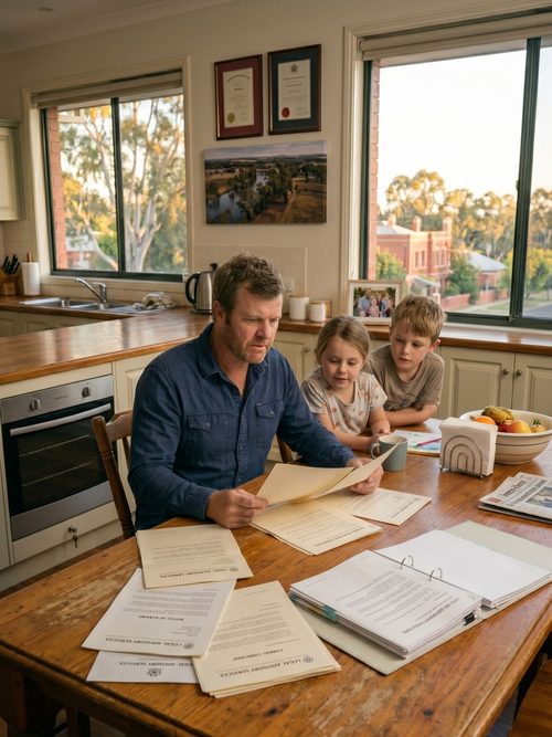 A father sitting on a garden bench reading with his three children gathered around him