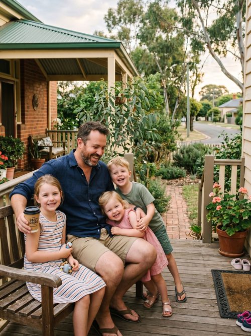 A father reviewing property plans on a backyard bench with his three children looking on